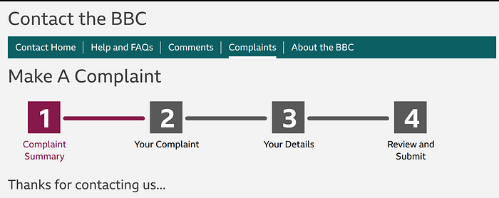 Screenshot of the BBC’s ‘Make a Complaint’ page. The text can be found at the link given.